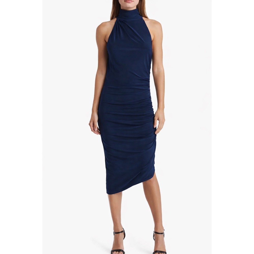 Jewel Badgley Mischka Navy Blue Mock Neck Ruched Asymmetrical Midi Dress Size 2